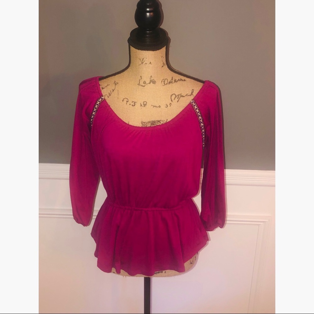Belle du Jour long sleeve solid peplum magenta blouse Sinched waist, size Large